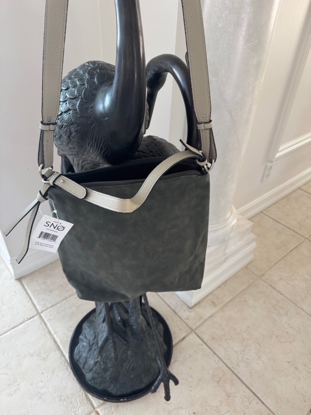 Two-Tone Strap Bucket Crossbody Bag in Dark Green and Cream